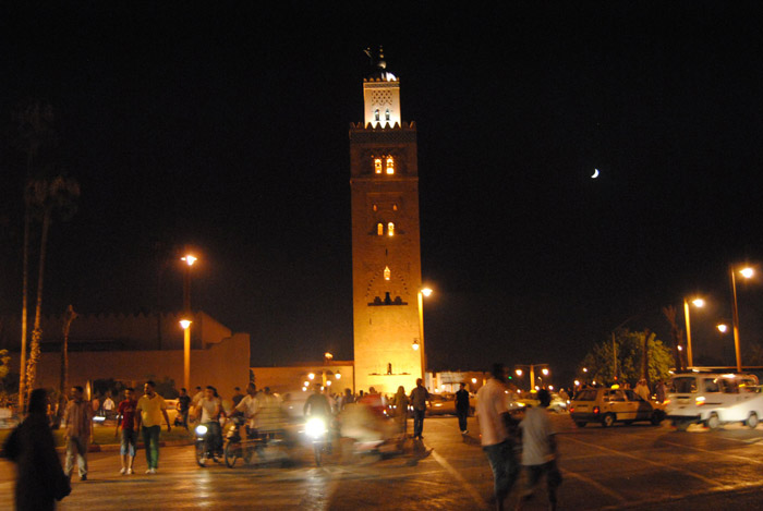 Photo of Koutoubia Mosque minaret lights by night in Marrakech