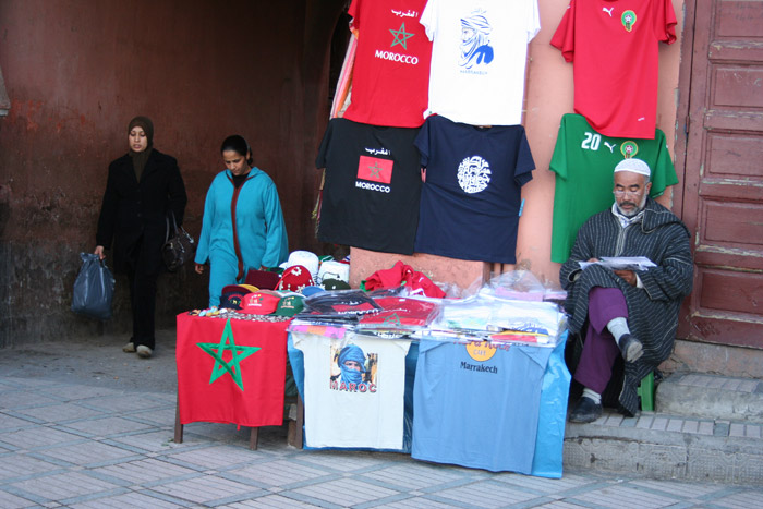 Photo clothes Marrakesh shop medina souk with traditional Moroccan clothes