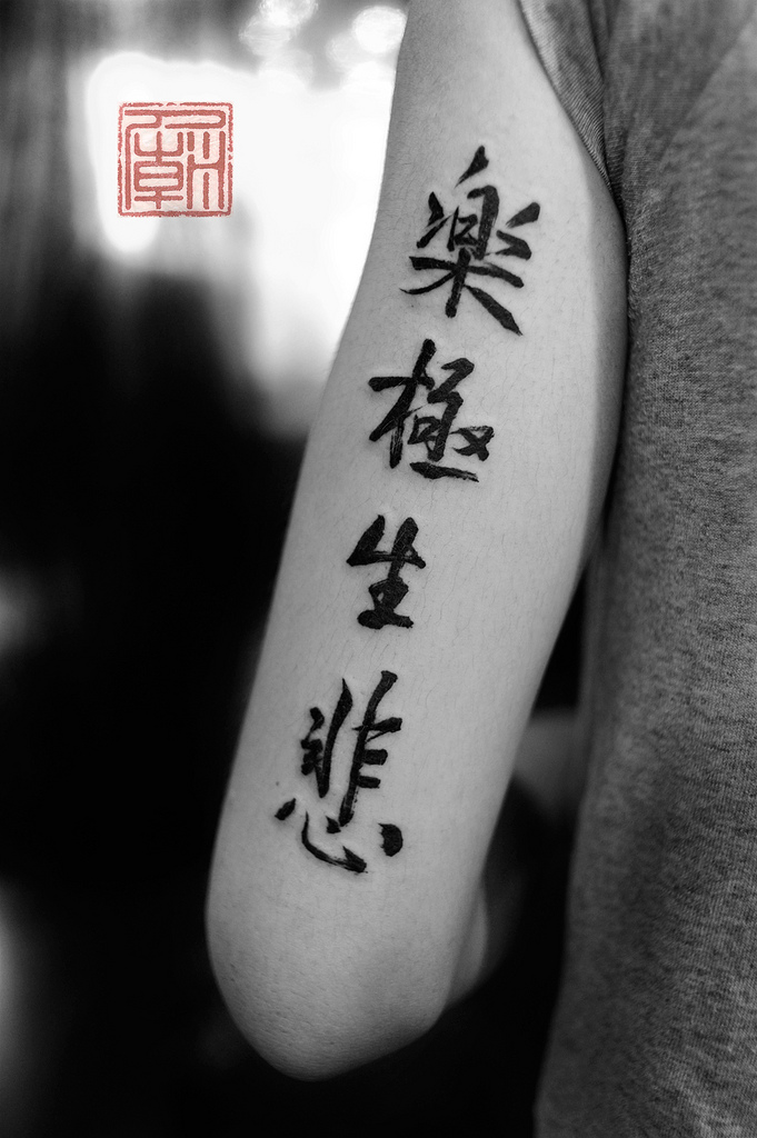 Kanji calligraphy name tattoo idea on upper arm