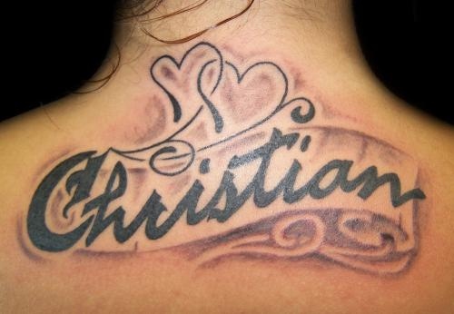 Christian name tattoo idea on upper back