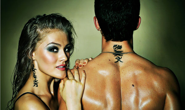 Kanji symbol design  couple tattoos ideas on neck