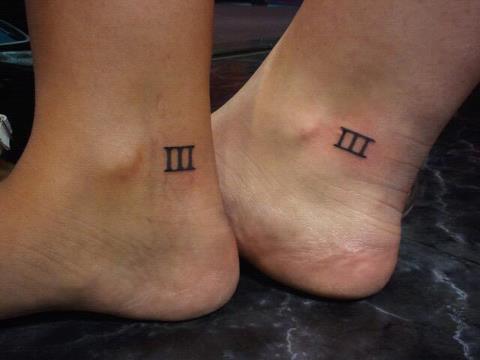 Roman numeral tattoo design on ankle for couple