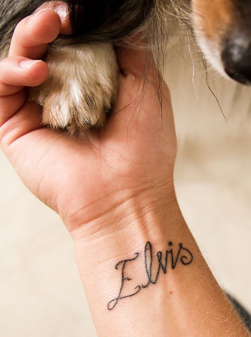 Dog Elvis name tattoo design on wrist 