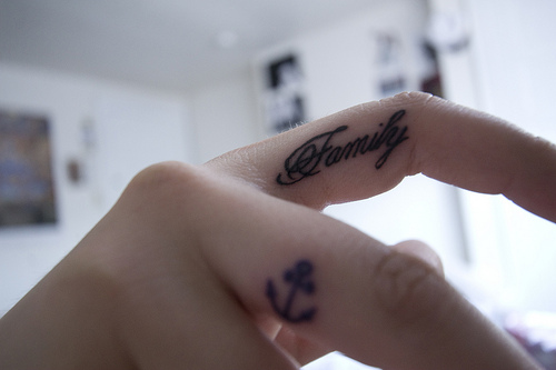 Family name tattoo design on finger for woman