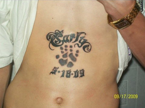 Idea for baby name with birth date tattoo on stomach for men