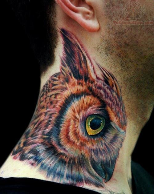 Colorful owl neck tattoo design