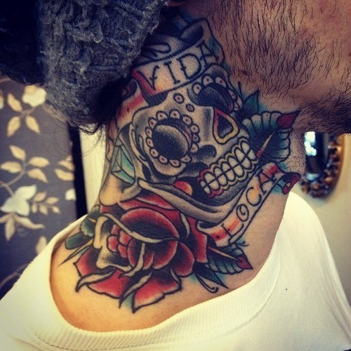 Sugar skull neck tattoo design for men