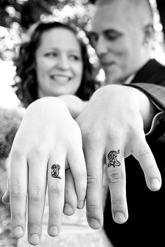 Wedding ring tattoo idea - Initials tattoo design on finger for couples