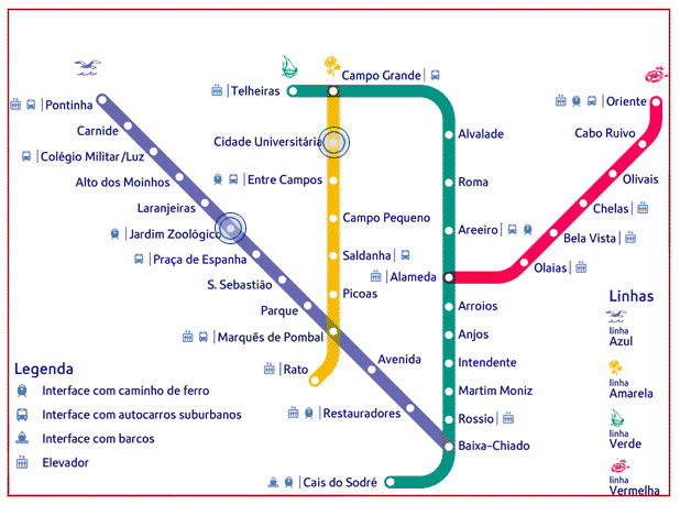 Mapa do Metro de Lisboa em Portugal
