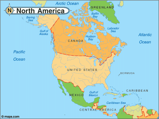 Mapa da América do Norte com o nome dos países em inglês