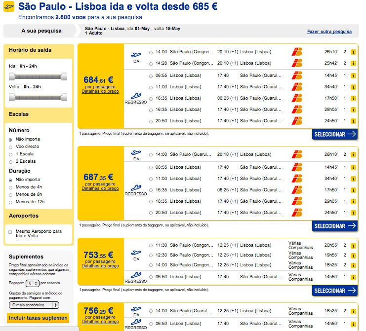 Resultados precos de bilhete de aviao Brasil ate Portugal