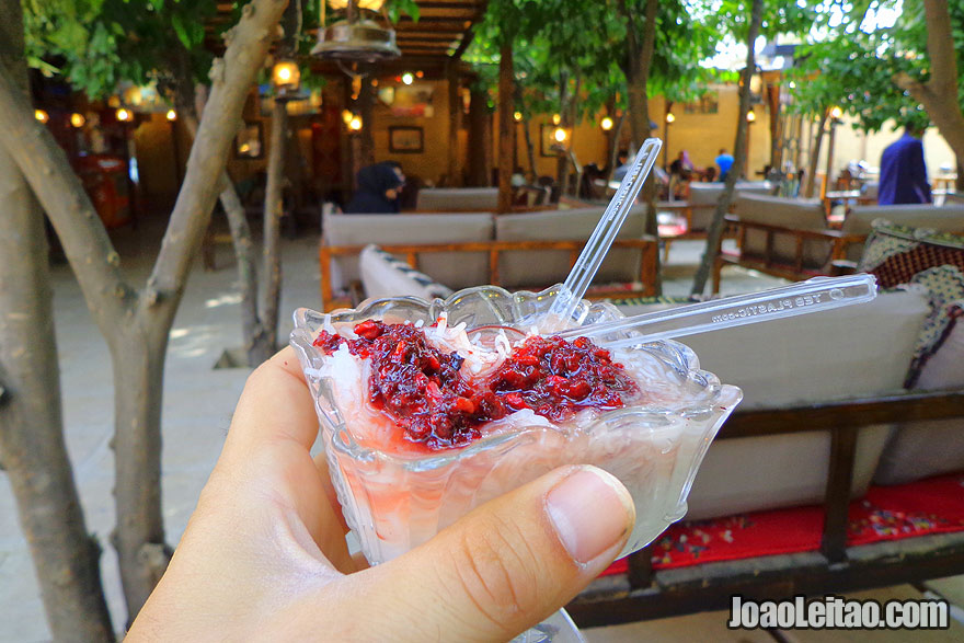 Faloodeh dessert from Shiraz topped with rose water and pomegranate jam - What to eat in Iran