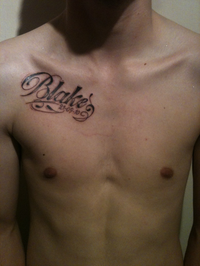 Blake name tattoo on chest