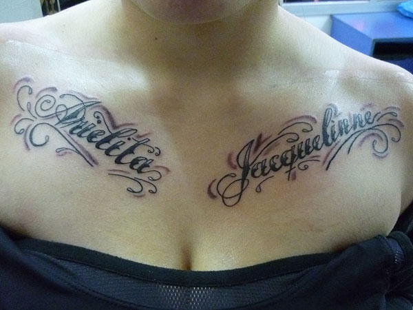 Chicano style names tattoo design on collar bones