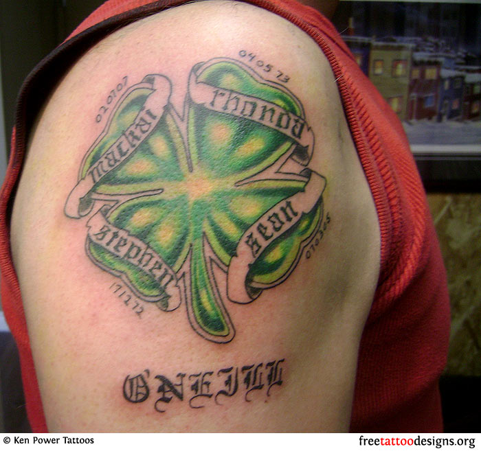 Irish style names tattoo design on the bicep