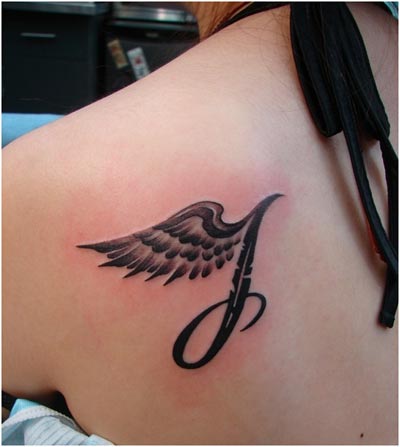 Initial J with wings tattoo design on back shoulder - sexy girl tattoo ideas on back