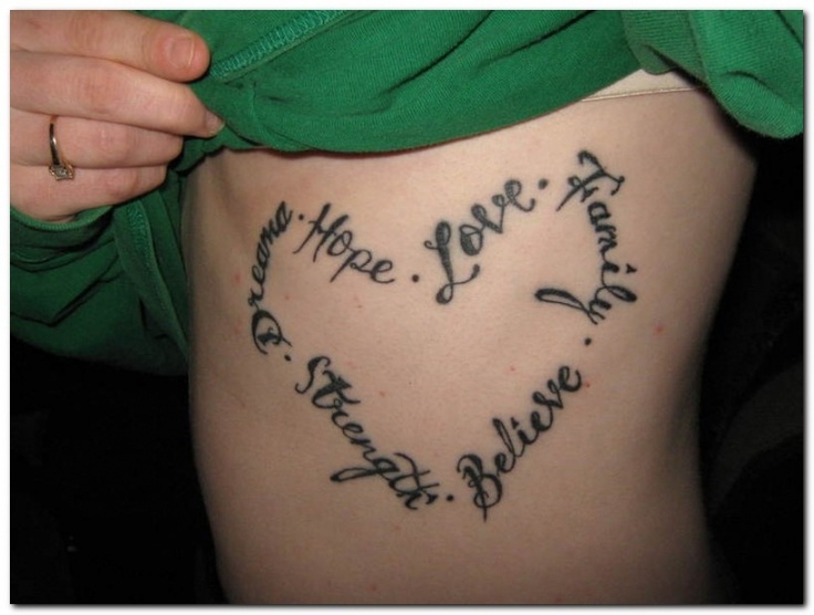 Heart shaped lettering tattoo design on ribs for woman