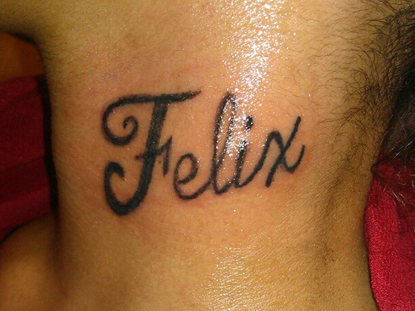 Name Felix tattoo design on the neck – idea for men