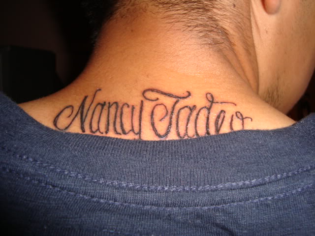 Neck name tattoo idea for man