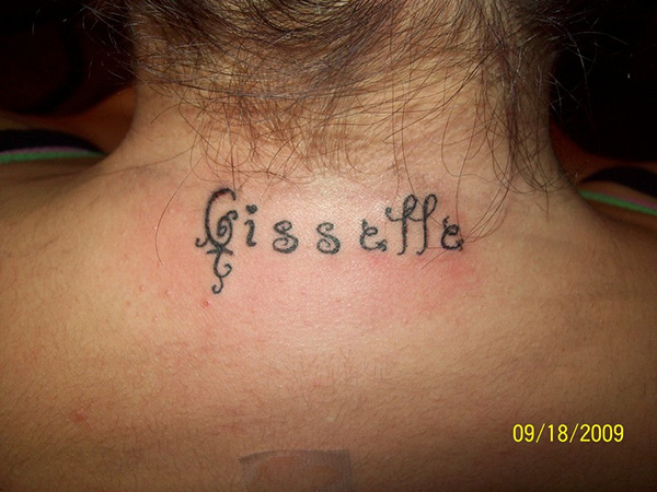 Neck name tattoo idea for frmale