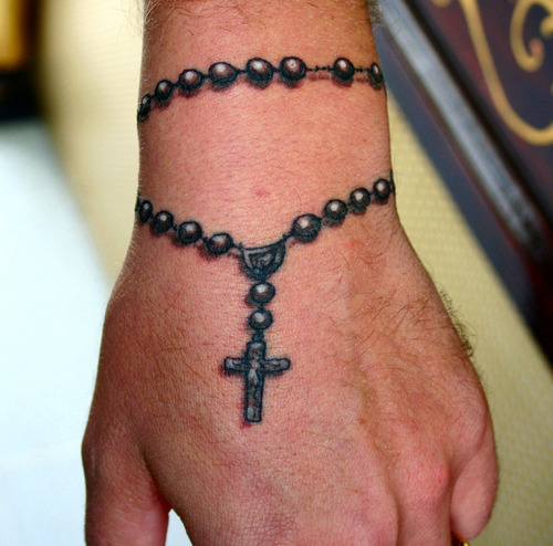 Rosary wrist tattoo designs for men