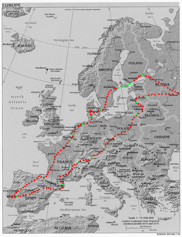 Mapa do percurso Lisboa até Moscovo - Viagem na Europa
