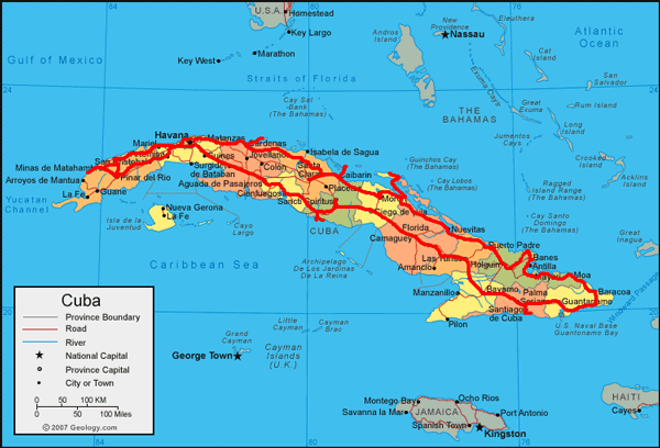 Mapa do roteiro de viajar em Cuba com carro alugado