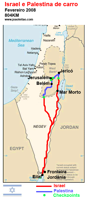 Mapa da viagem por Israel e Palestina