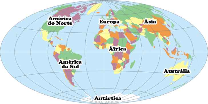Mapa com todos os 7 continentes: África, Ásia, Pacífico, América do Norte, América do Sul e Antártica