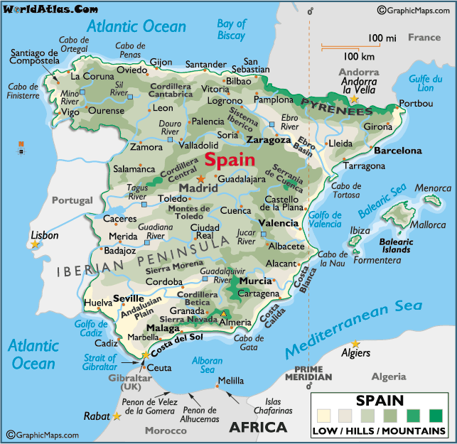 Mapa de espanha e portugal mostrando grandes cidades e citys arte