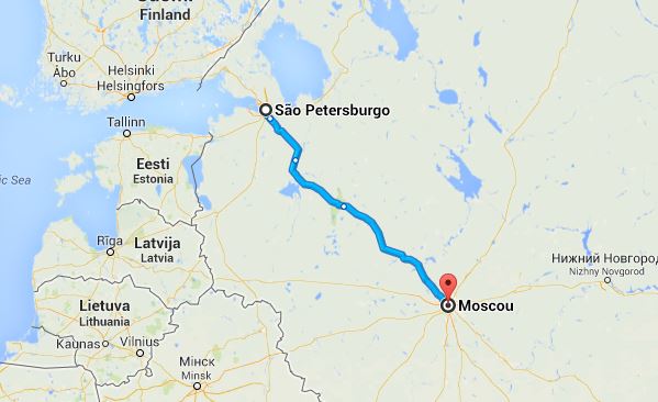 Mapa do percurso São Petersburgo-Moscovo 824km