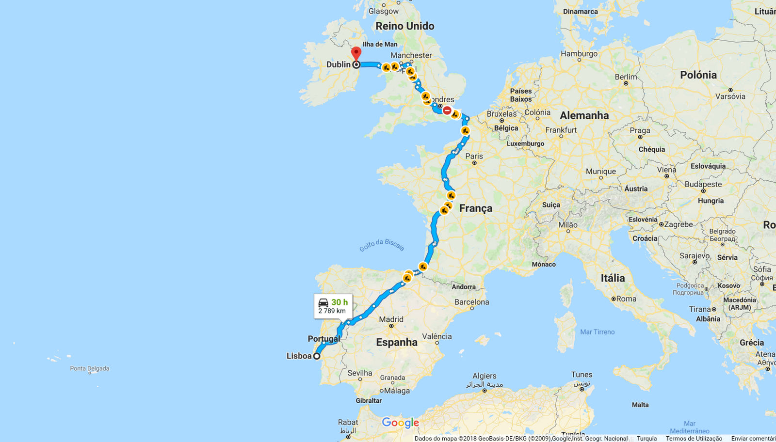 Mapas com Distâncias entre Portugal e as Capitais Europeias