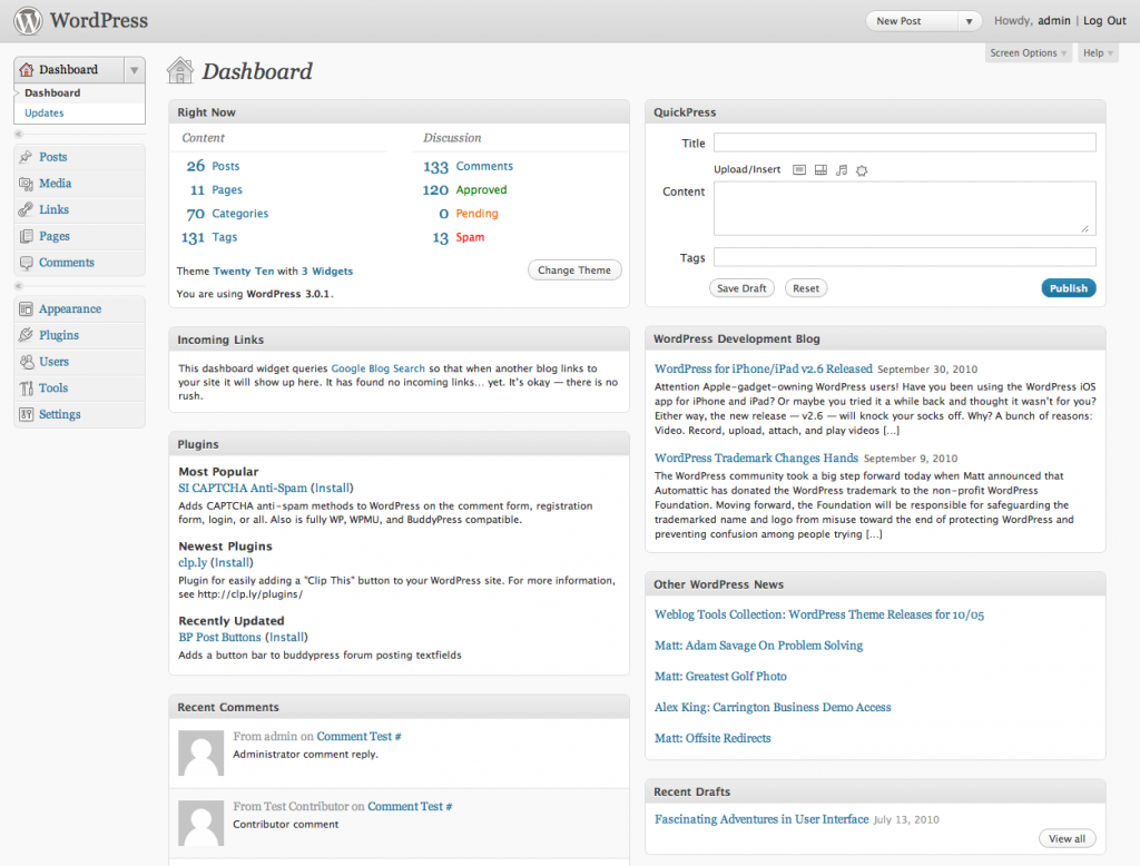 O Dashboard do WordPress, o gerenciador do seu site