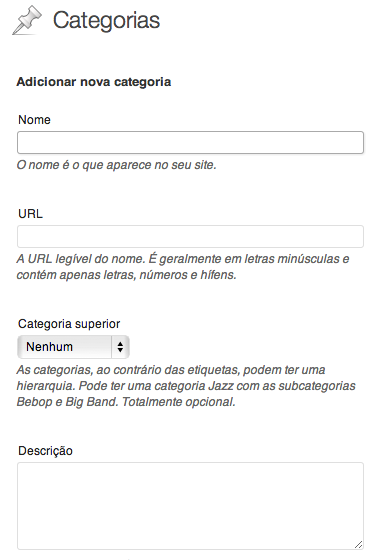 Criar categorias com o site WordPress