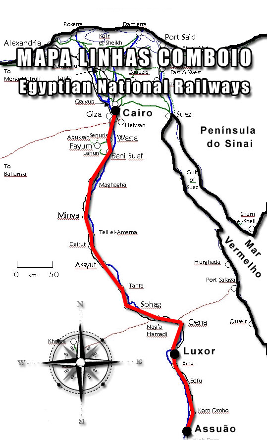 Mapa linha de comboio Cairo Luxor Assuão