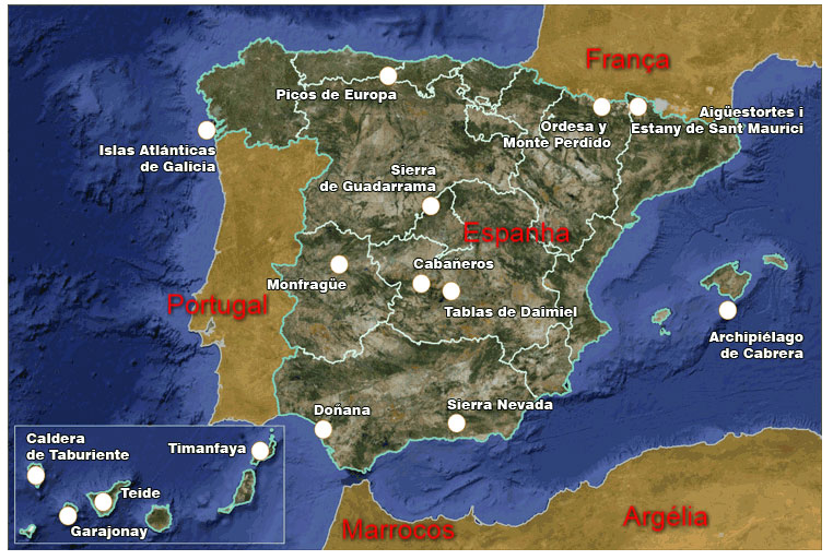 Mapa de Parques Nacionais em Espanha