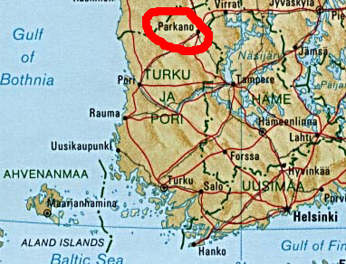 Mapa da Finlandia com a cidade de Parkano