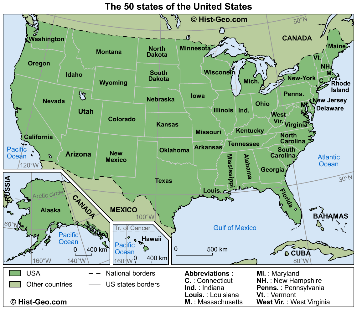 Mapa dos 50 estados dos Estados Unidos