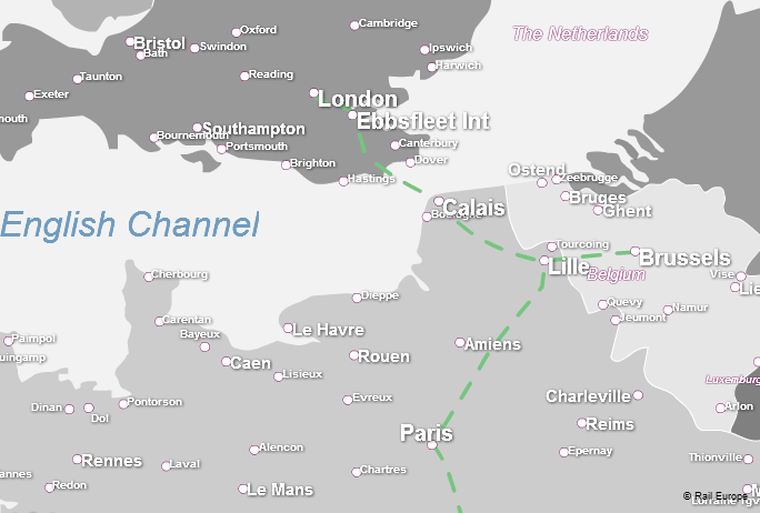 Mapa de comboio Londres ate Paris e Bruxelas, Eurostar