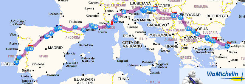 Mapa do percurso para conduzir desde Lisboa até Istambul