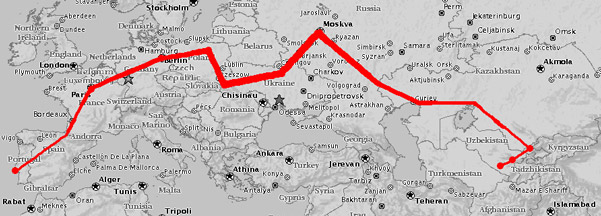 Mapa Viagem Lisboa Samarkand de Comboio, Portugal até Uzbequistão