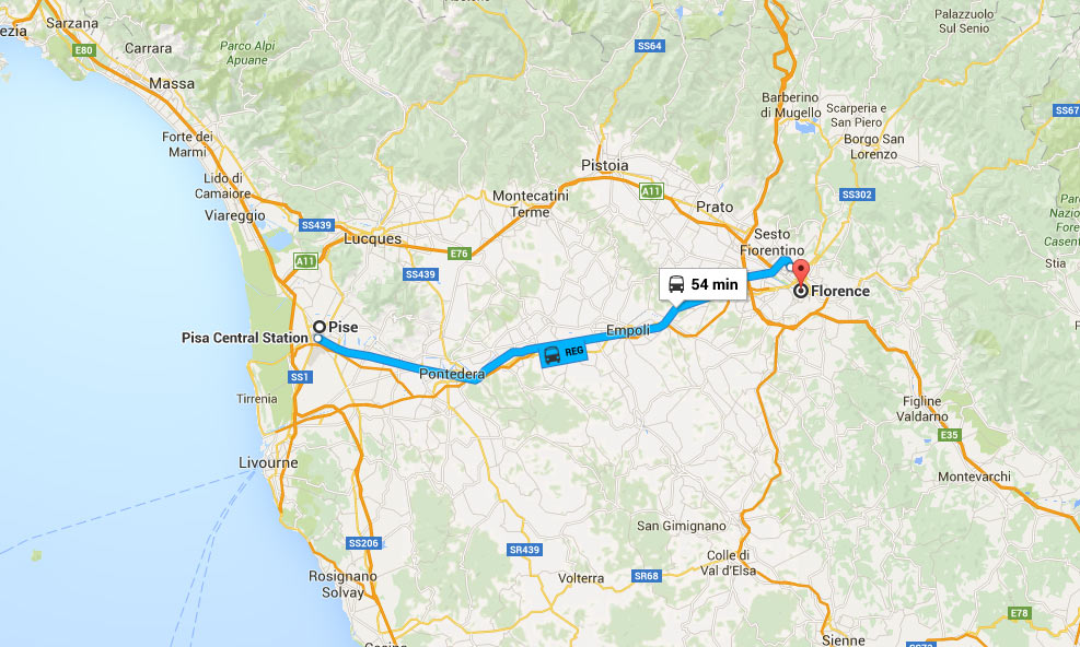 Mapa da percurso de comboio Pisa até Florença