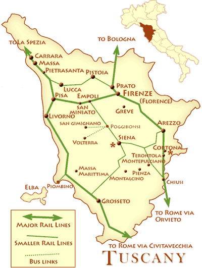Mapa das linhas de comboio na Toscana Itália