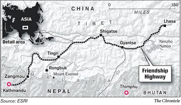 Mapa da Autovia da Amizade - Friendship Highway no Tibete