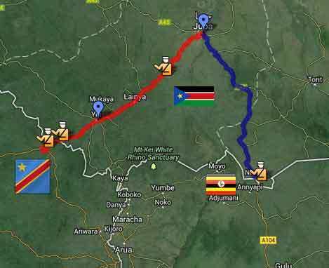 Mapa da minha viagem no Sudão do Sul