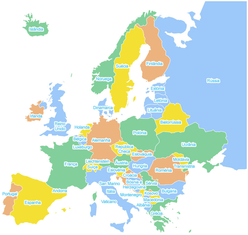 Mapa da Europa com os respectivos nomes dos países em português