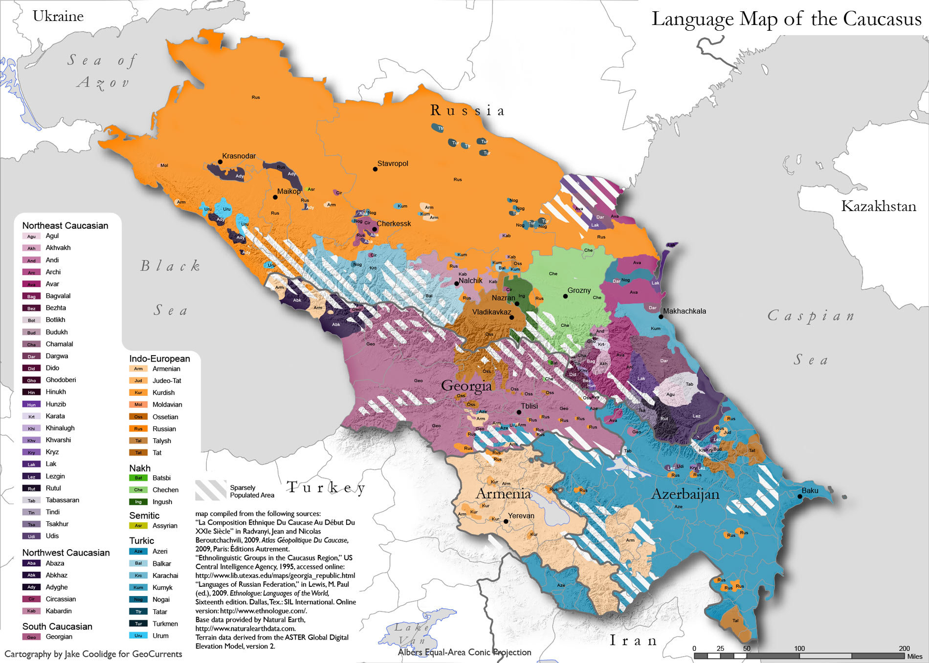Mapa dos grupos etno-linguisticos da regiao do Caucaso