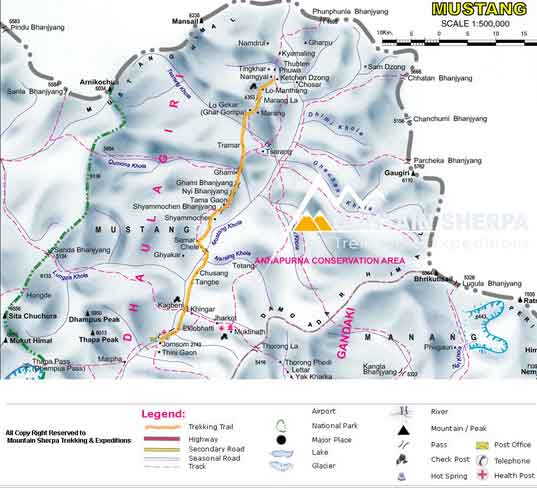 Mapa da região Mustang, Nepal