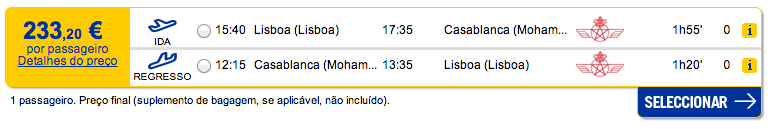 Bilhete avião Lisboa Casablanca em Marrocos