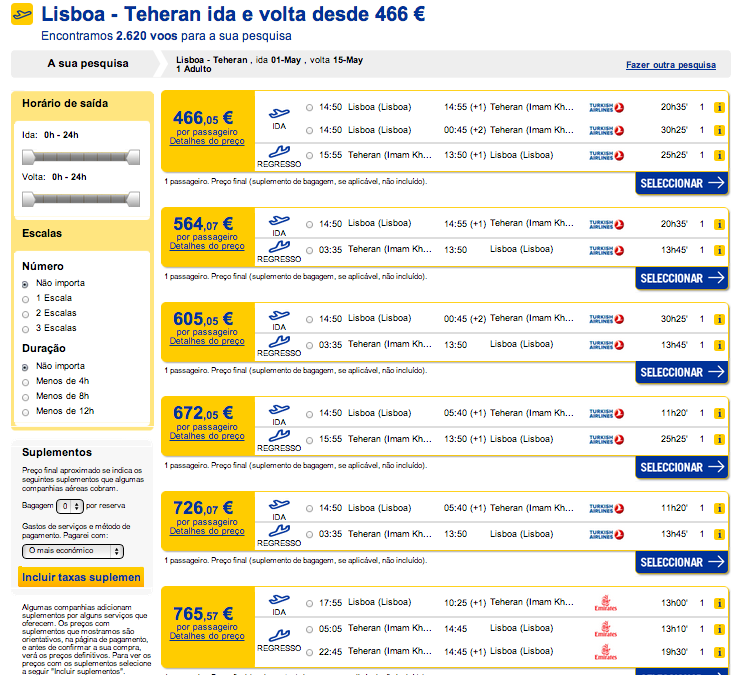 Resultados precos de bilhete de aviao Portugal ate Irao